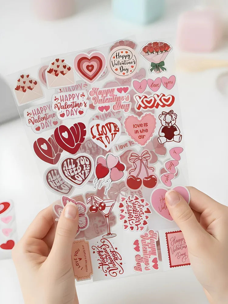 Happy Valentine's Day" Aesthetic Sticker Sheet - Cute Red & Pink Love Decals - Decorative Stickers for Cards, Gifts & Scrapbooking