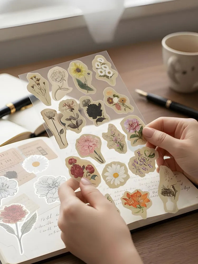 Aesthetic stickers with images of flowers, stickers for diary keeping, scrapbooking, stationery, gift.