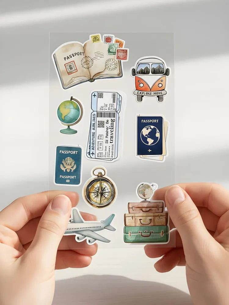 Travel Stickers Set Transparent Vinyl Decals Passport Globe Luggage Scrapbook