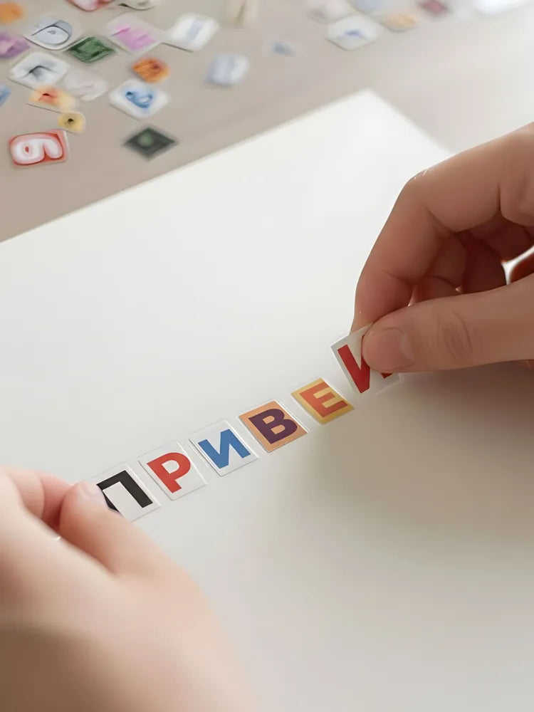 Stickers with the Russian alphabet, vintage magazine cutouts, numbers, symbols, transparent vinyl stickers for scrapbooking and crafts.