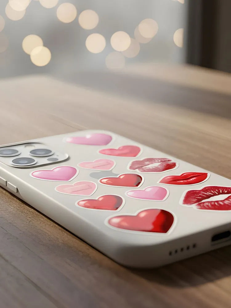 Romantic Hearts & Kisses Sticker Sheet - Aesthetic 3D Effect Pink & Red Decals - Decorative Stickers for Valentine's, Letters & Journals