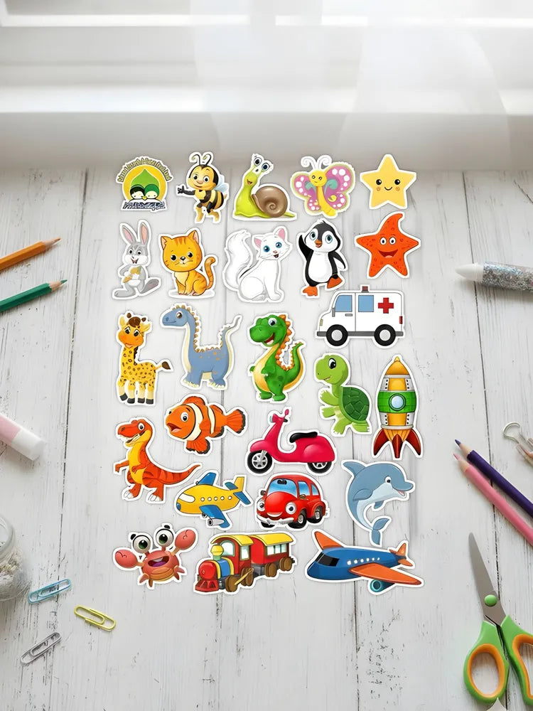 Kids Adventure Sticker Sheet - 25+ Educational Decals: Dinosaurs, Animals, Vehicles & Space - Waterproof Vinyl Stickers for Scrapbooking, School & Play