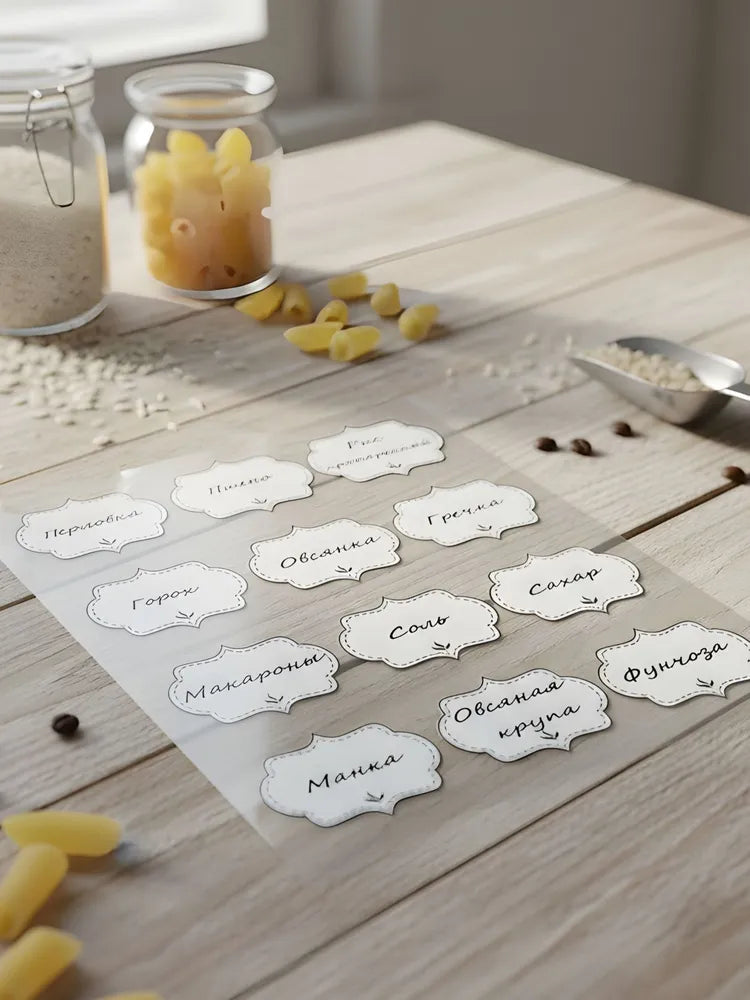Minimalist Kitchen Pantry Labels - Transparent Vinyl Food Storage Stickers - Aesthetic Russian Script Decals for Jars & Containers