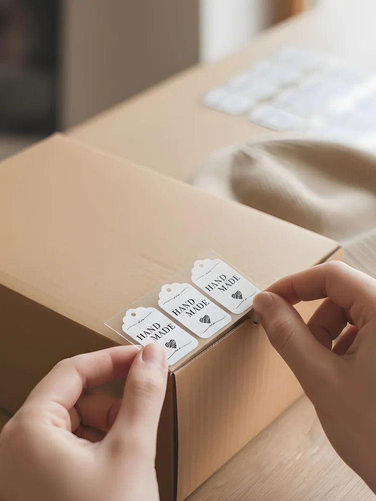 Minimalist "Hand Made" Clear Sticker Labels - Heart Design Tag Decals for Small Business Packaging & Craft Gifts