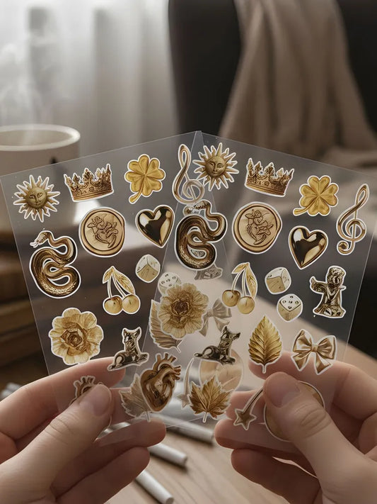 Golden Royalty Aesthetic Sticker Sheet - Metallic Gold Vinyl Decals - Vintage Crown, Sun, Heart & Snake Art for Luxury Stationery