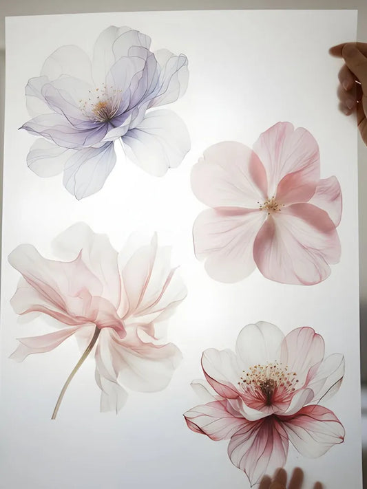 Large Watercolor Peony Wall Decals - Transparent X-Ray Flower Stickers - Soft Pink & Purple Floral Wall Art for Bedroom & Nursery Decor