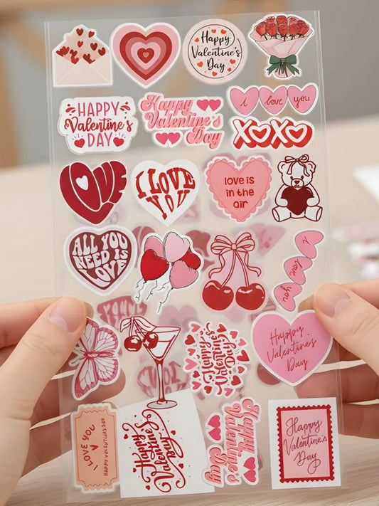 Happy Valentine's Day" Aesthetic Sticker Sheet - Cute Red & Pink Love Decals - Decorative Stickers for Cards, Gifts & Scrapbooking