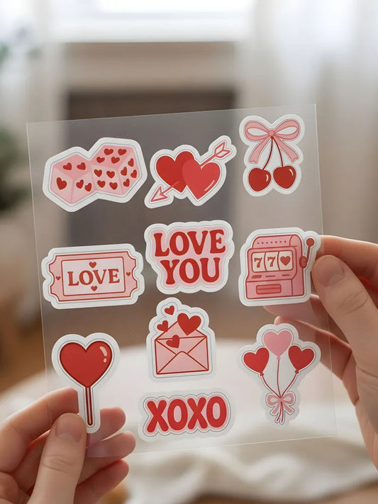"Love & Luck" Aesthetic Sticker Sheet - Y2K Pink Vinyl Decals - Heart Dice, Slot Machine & XOXO Art for Phone Case & Journaling