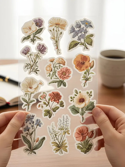 Vintage Botanical Wildflower Sticker Sheet - Transparent Vinyl Floral Decals - Aesthetic Nature Art for Journals, Planners & Scrapbooking