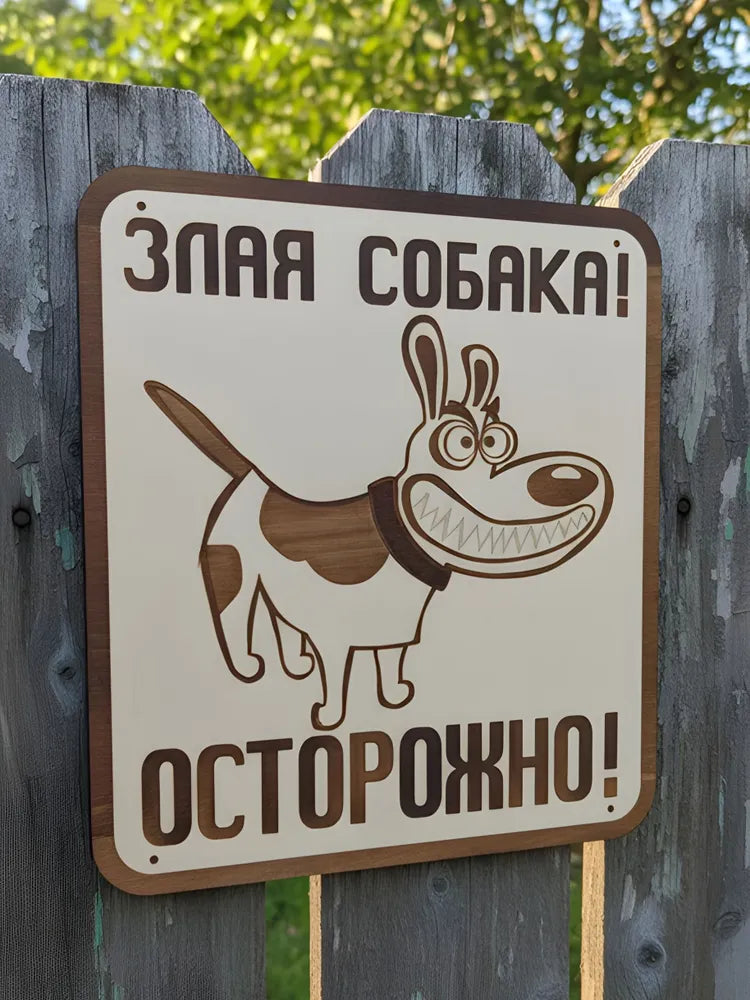 Wooden fence sign "Angry Dog," 30x30 cm.