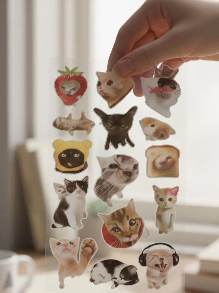 Funny Meme Cat Sticker Sheet - Viral Crying & Confused Cats - Clear Vinyl Decals for Laptop, Phone & Journaling