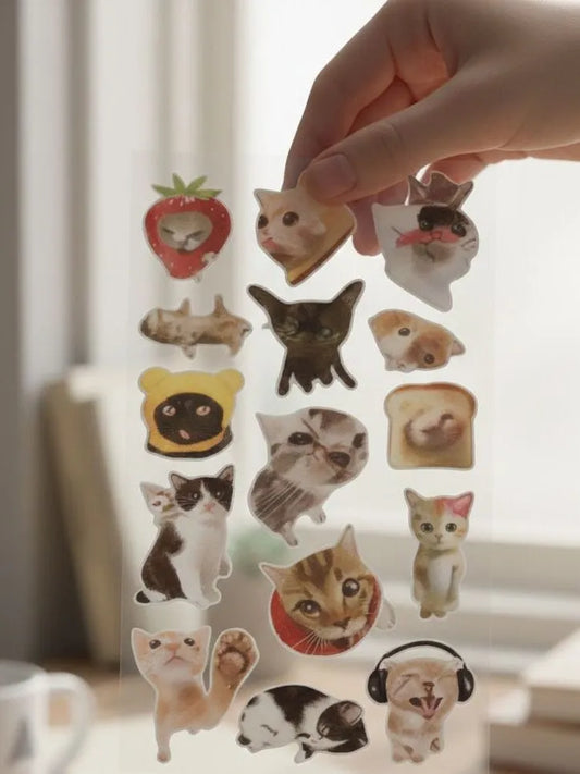 Funny Meme Cat Sticker Sheet - Viral Crying & Confused Cats - Clear Vinyl Decals for Laptop, Phone & Journaling