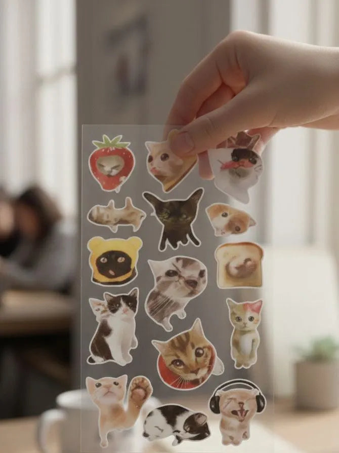 Funny Meme Cat Sticker Sheet - Viral Crying & Confused Cats - Clear Vinyl Decals for Laptop, Phone & Journaling