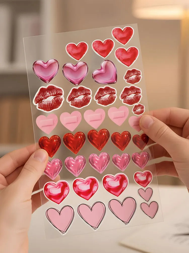 Romantic Hearts & Kisses Sticker Sheet - Aesthetic 3D Effect Pink & Red Decals - Decorative Stickers for Valentine's, Letters & Journals