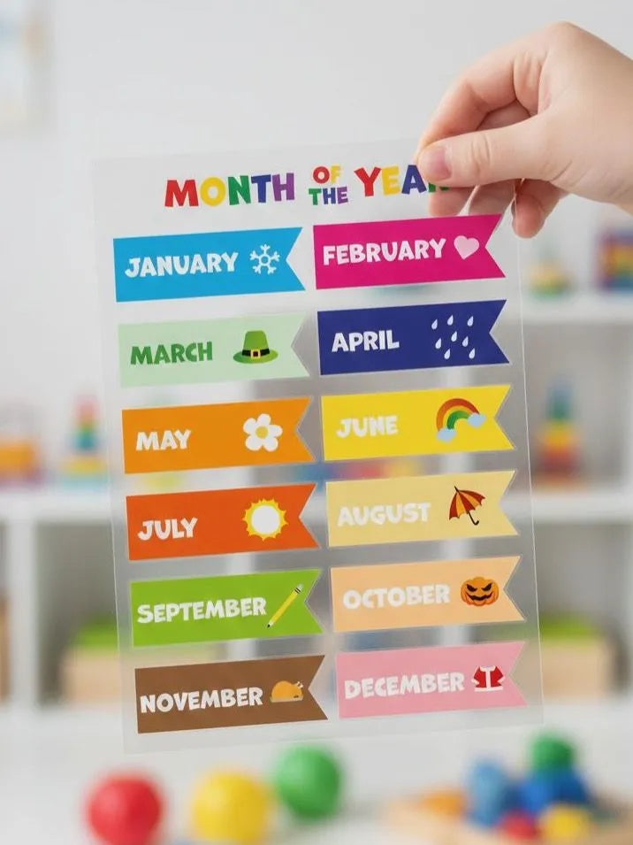 Colorful Months of the Year Sticker Sheet - Kids Learning Decals - Bright Monthly Planner Tabs for Calendars & Journals