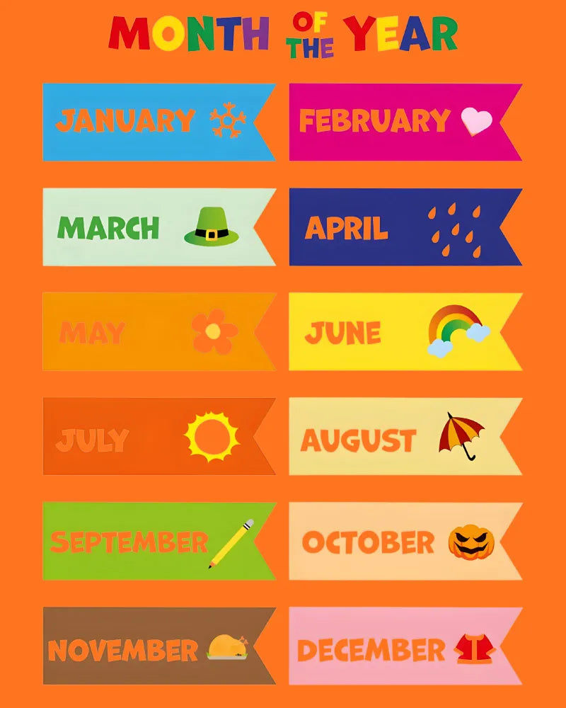 Colorful Months of the Year Sticker Sheet - Kids Learning Decals - Bright Monthly Planner Tabs for Calendars & Journals