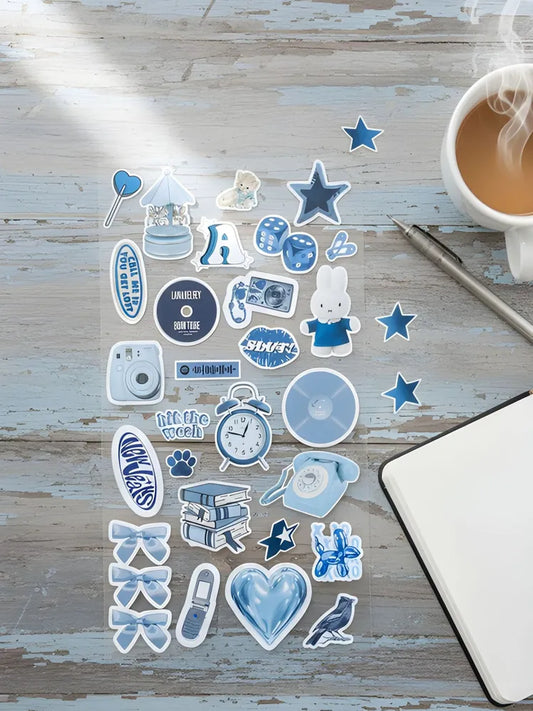 Aesthetic Blue Retro Sticker Sheet - Vintage Coquette Vinyl Decals - Polaroid, Vinyl Record & Bow Stickers for Laptop & Journaling