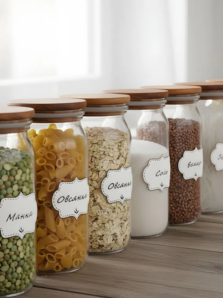 Minimalist Kitchen Pantry Labels - Transparent Vinyl Food Storage Stickers - Aesthetic Russian Script Decals for Jars & Containers