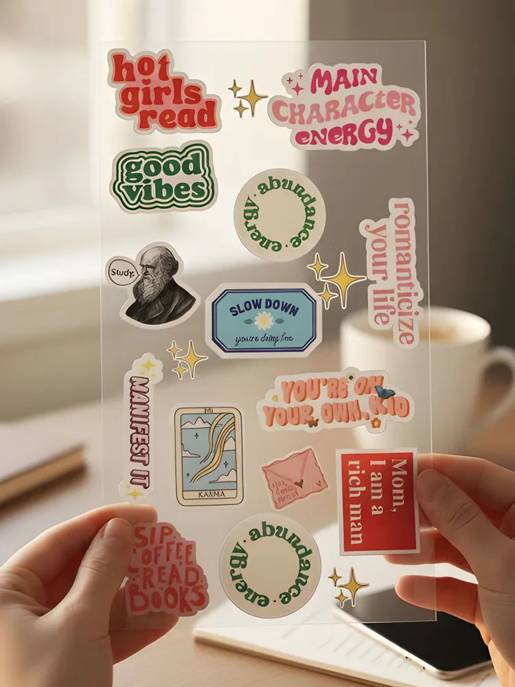 "Main Character Energy" Aesthetic Sticker Sheet - Fun Bookish & Manifestation Decals - "Hot Girls Read" Waterproof Stickers for Kindle & Laptop