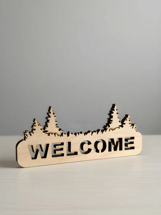 Interior WELCOME sign made of wood with a forest silhouette, decorative plywood panel