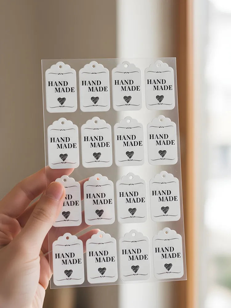 Minimalist "Hand Made" Clear Sticker Labels - Heart Design Tag Decals for Small Business Packaging & Craft Gifts