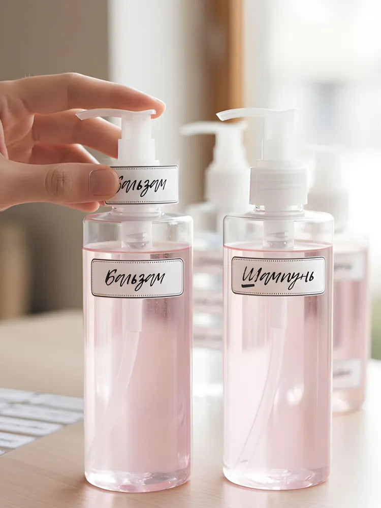 Minimalist Bathroom Label Stickers - Russian Language Set - Waterproof Transparent Decals for Soap, Shampoo & Skincare Bottles