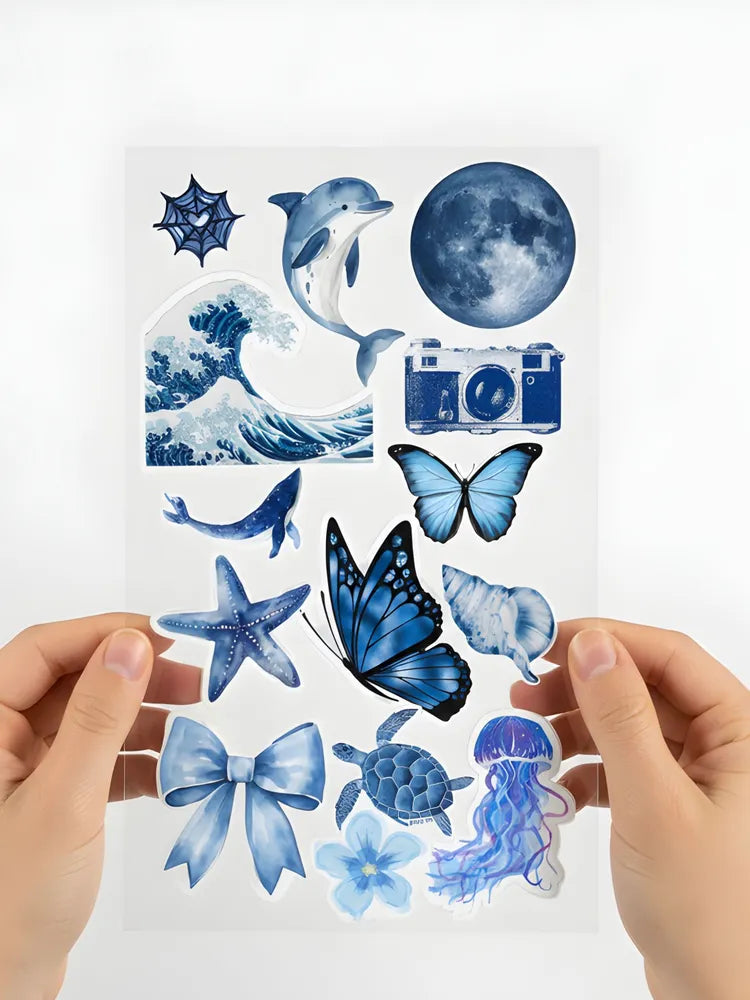 Blue Aesthetic Stickers Set Clear Vinyl Decals Ocean Butterfly Bow Moon Starfish Laptop Planner Decor Journaling Craft Gift