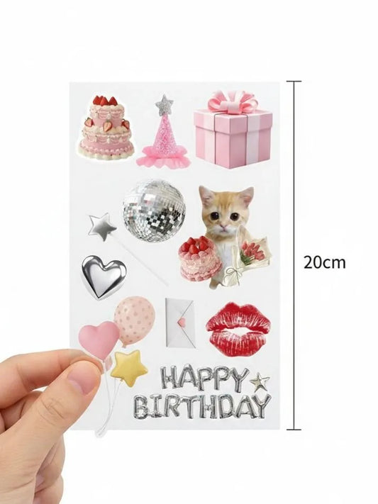 Happy Birthday Stickers Set Cute Cat Pink Party Supplies Planner Decals 20cm